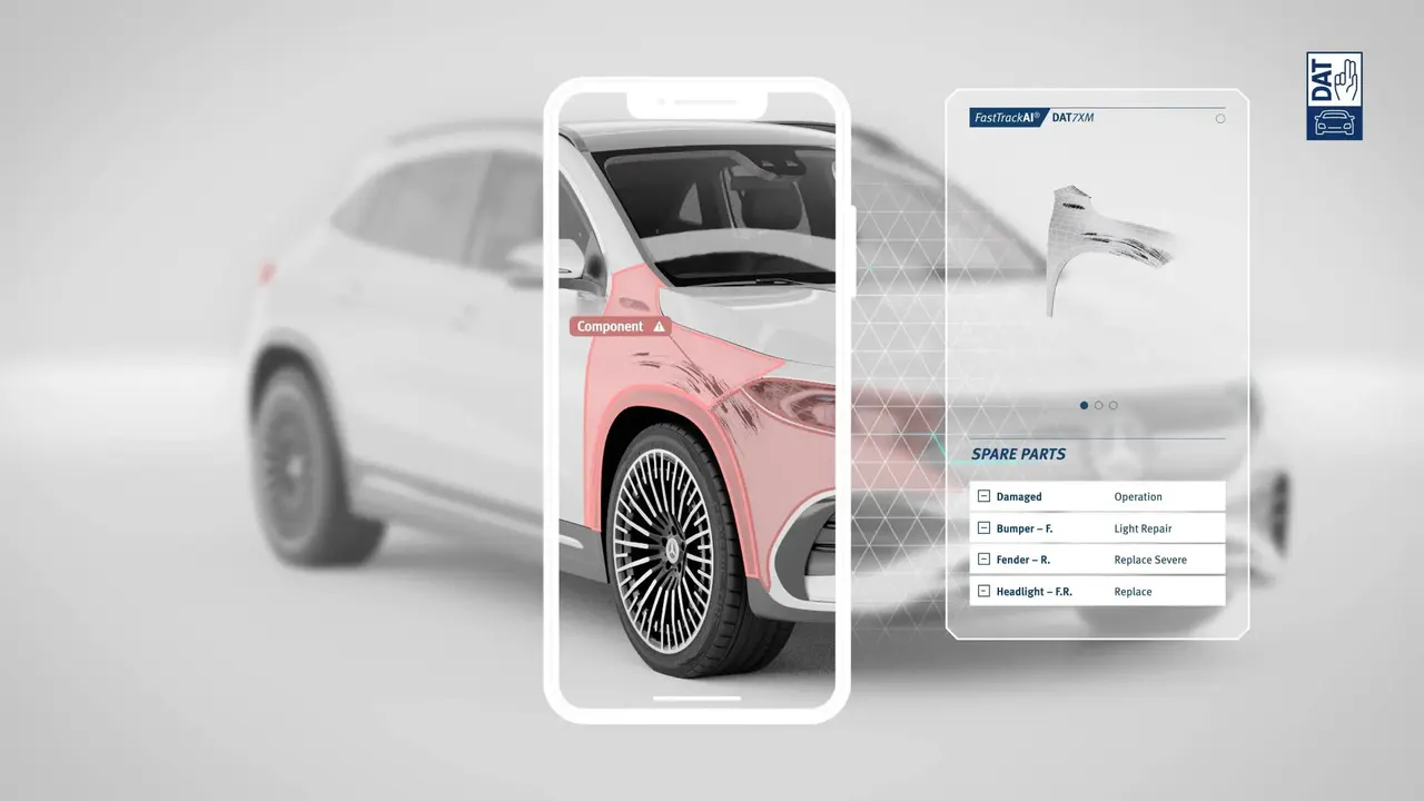 3D-Rendering: Smartphone-App zur Schadensanalyse an einem Auto, mit Ersatzteilliste