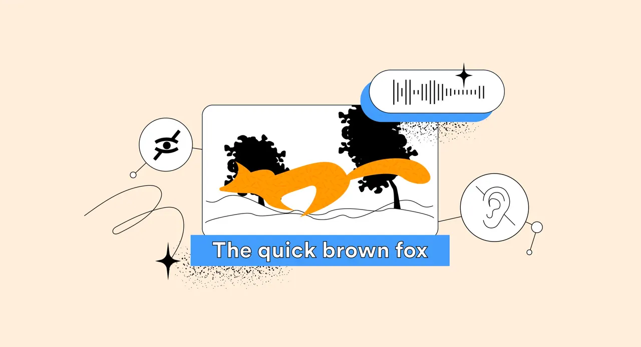 Illustration: Fuchs, Text "The quick brown fox", Symbole für Sehen und Hören