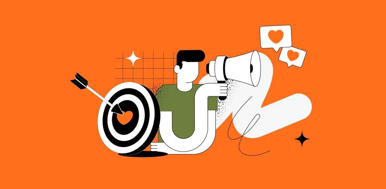 Illustration: Mann mit Megafon, Pfeil in Zielscheibe mit Herz, Likes