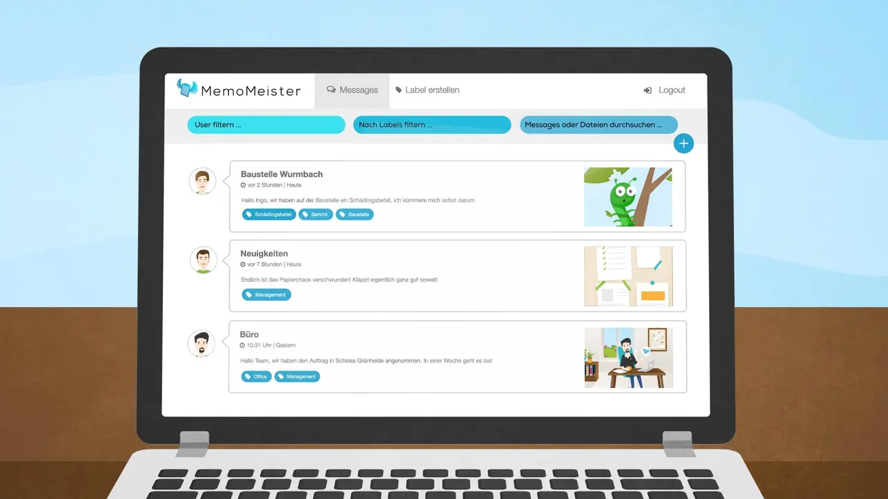 Laptop-Bildschirm zeigt die Benutzeroberfläche von MemoMeister mit Nachrichten und Labels.