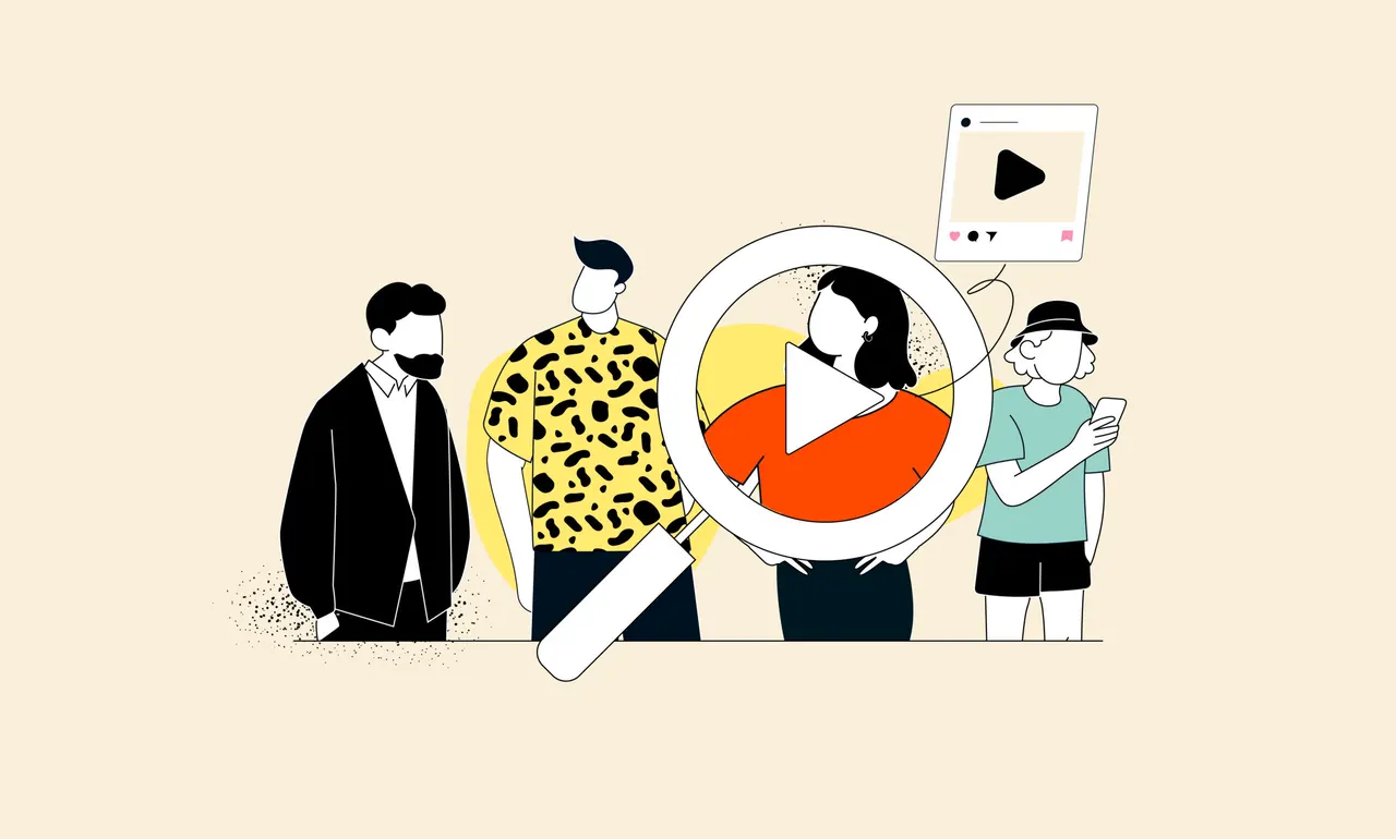 Illustration: Lupe vergrößert Frau mit Play-Button, daneben Menschen und Social-Media-Post