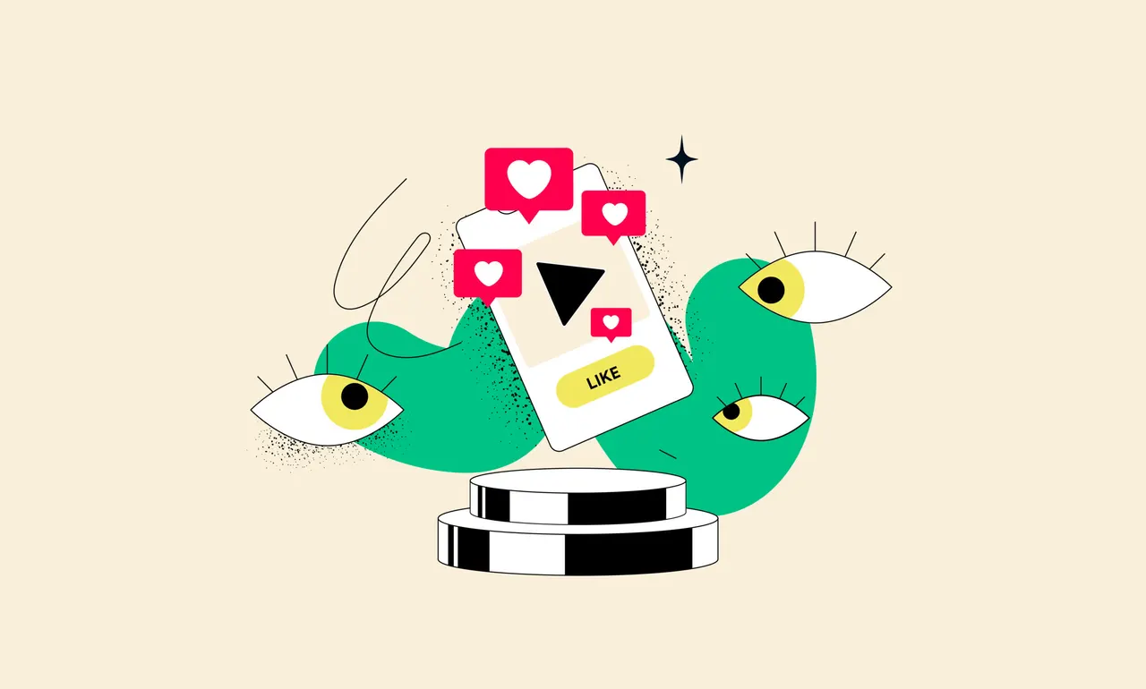 Stylisierte Trophäe mit Smartphone und 'LIKE'-Button, umgeben von bunten sozialen Medien-Icons.