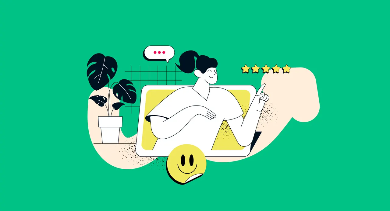 Illustration: Frau in Laptop, zeigt auf 5 Sterne, daneben Pflanze und Smiley