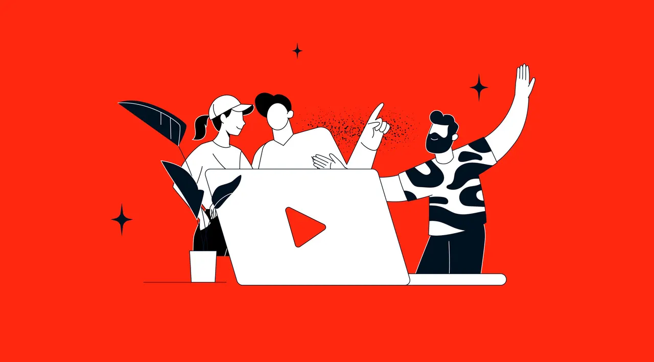 Illustration: Drei Personen vor Laptop mit Play-Button, eine zeigt auf den Bildschirm