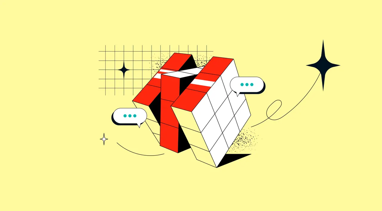 Illustration: Zwei Würfel, rot und weiß, mit Sprechblasen und Sternen