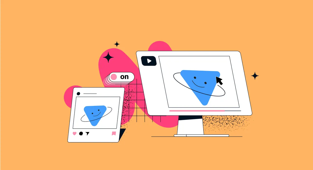 Illustration: Ein animiertes Dreieck mit Gesicht auf einem Bildschirm und einem Smartphone