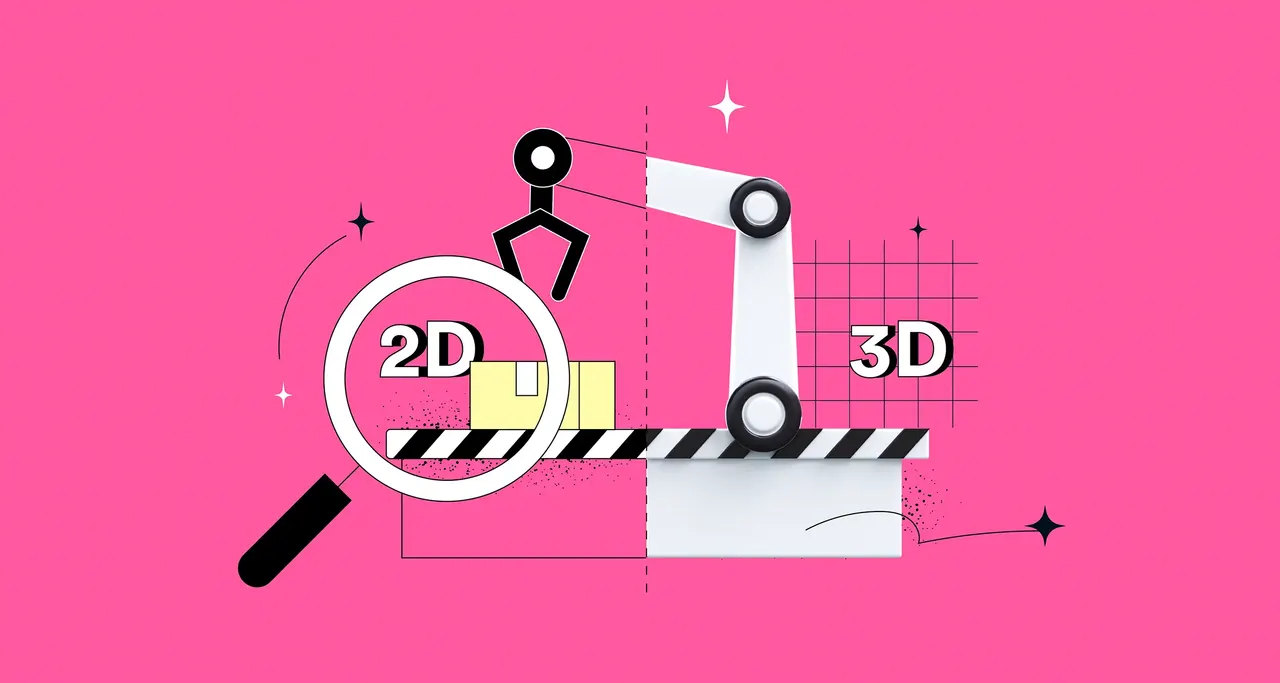 Stylisierte Roboterarm hebt eine Box, betont 2D und 3D Ideen.