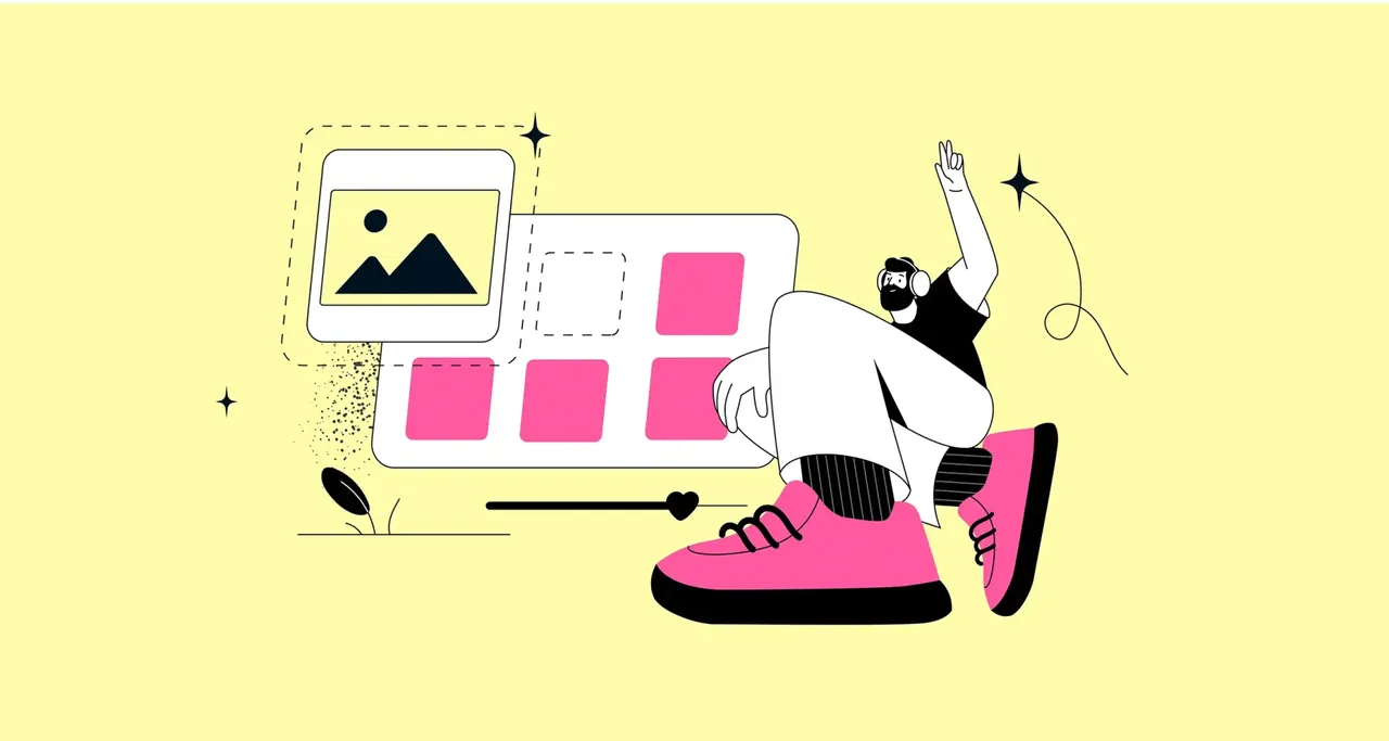 Illustration: Mann mit Kopfhörern vor einem Laptop, der Bilder anzeigt