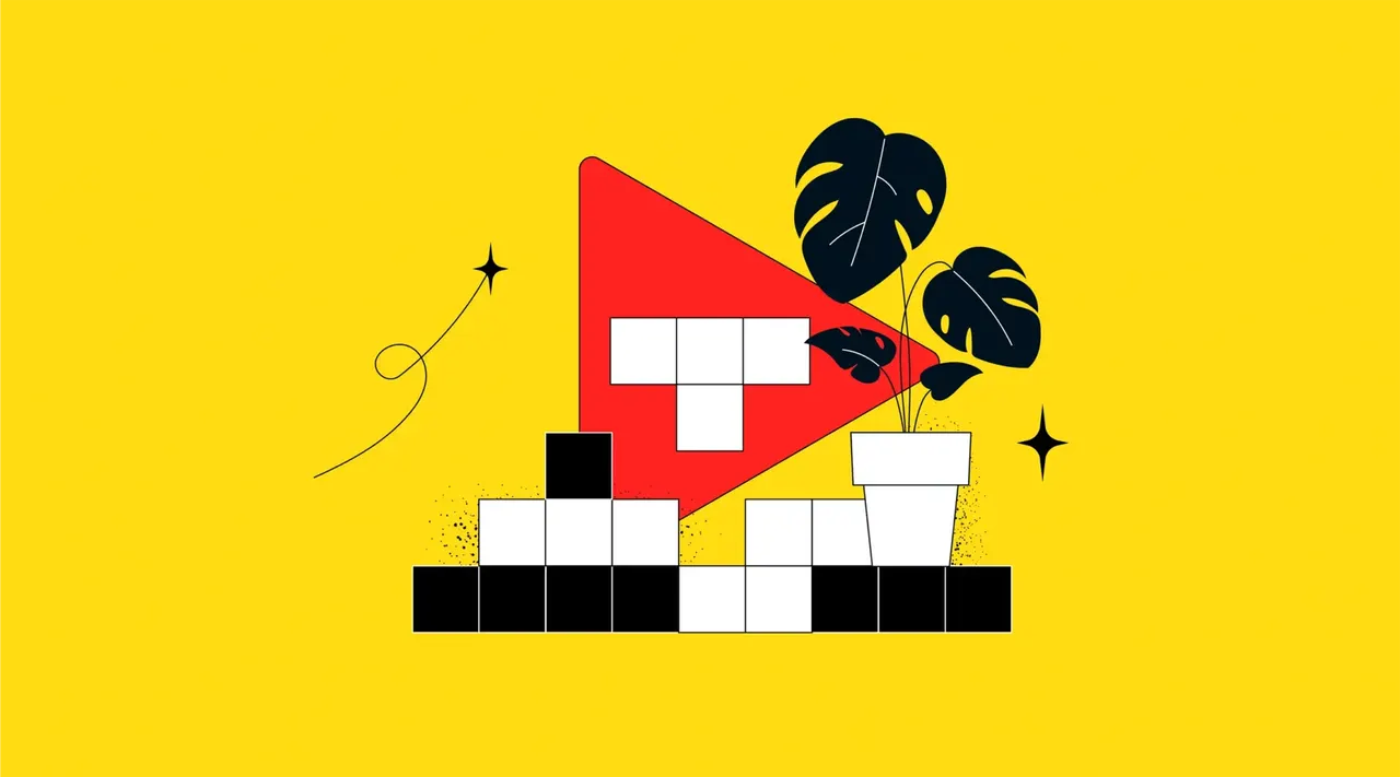 Illustration: Rotes Play-Symbol, Monstera-Pflanze, Tetris-Blöcke auf gelbem Hintergrund
