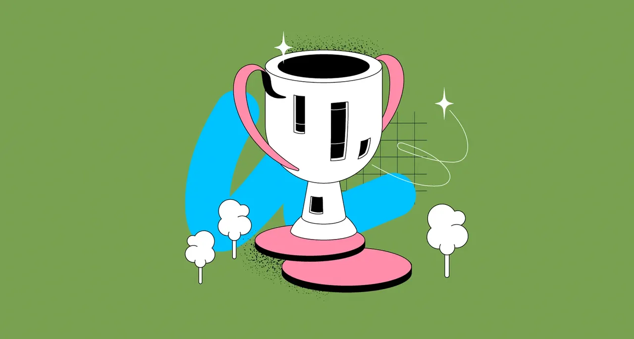 Stilisierte Trophäe mit pinken Griffen auf grünem Hintergrund.