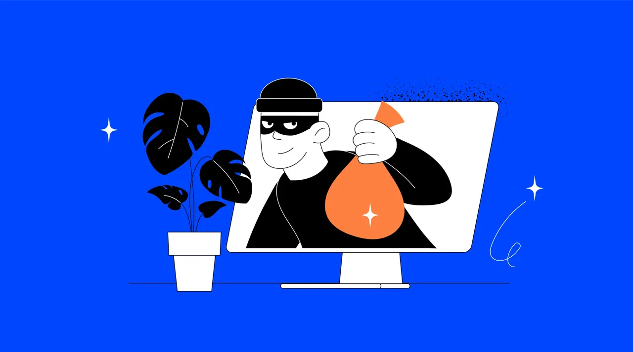 Cartoon-Dieb mit Maske und Geldsack, der aus einem Computerbildschirm kommt.