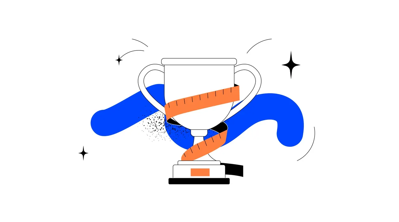Illustration eines Pokals mit einem Maßband, blauen Formen und Sternen