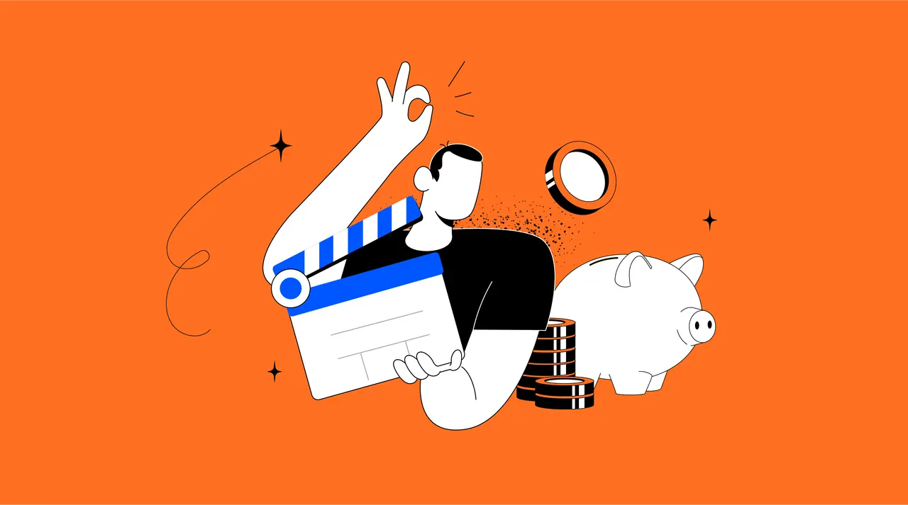 Illustration: Mann mit Filmklappe, Sparschwein und Geldmünzen