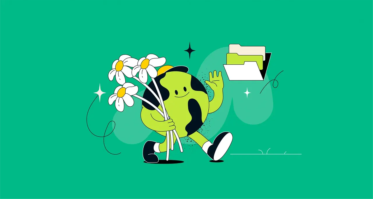 Ein cartoonhaftes Erdcharakter, das lächelt und winkt, mit Blumen.