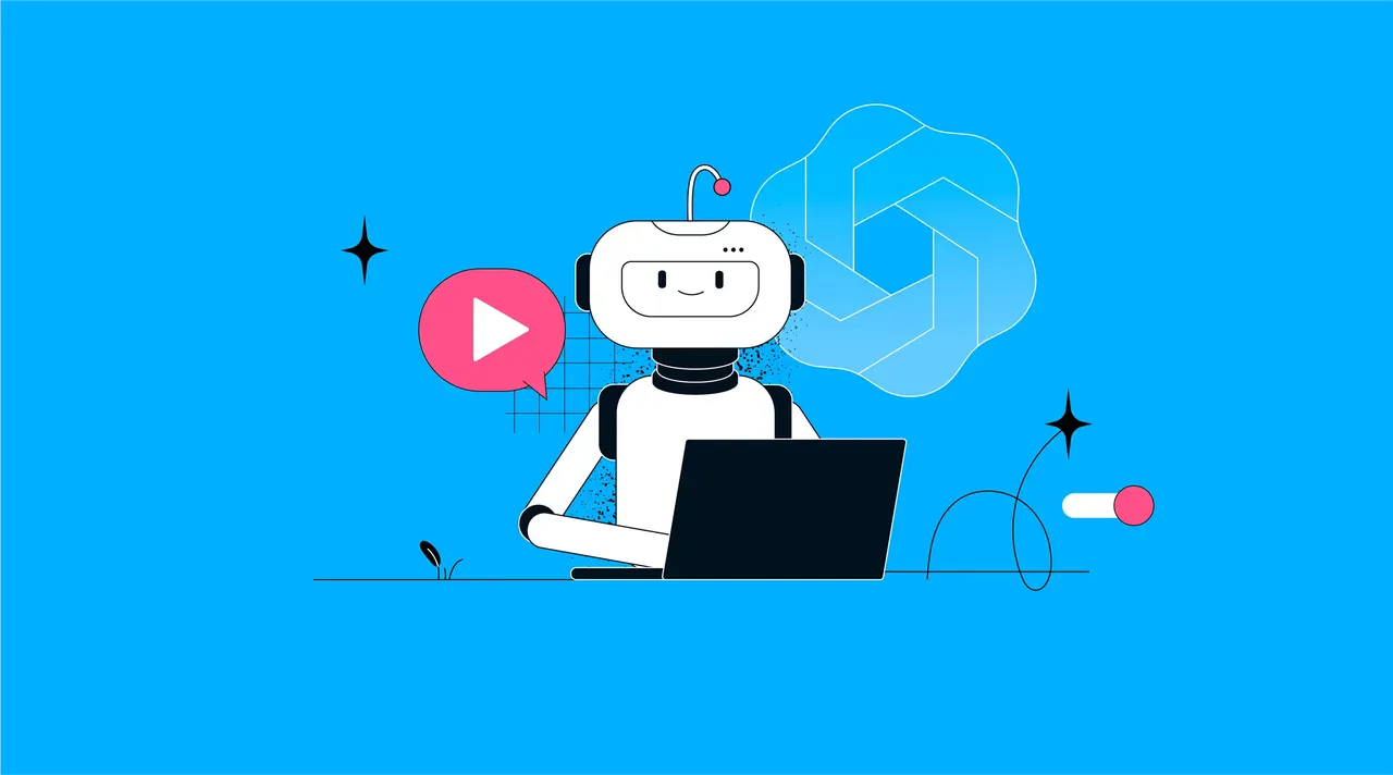Ein freundlicher Roboter vor einem Laptop, Play-Button in rosa Sprechblase, abstrakte Wolken, blauer Hintergrund.