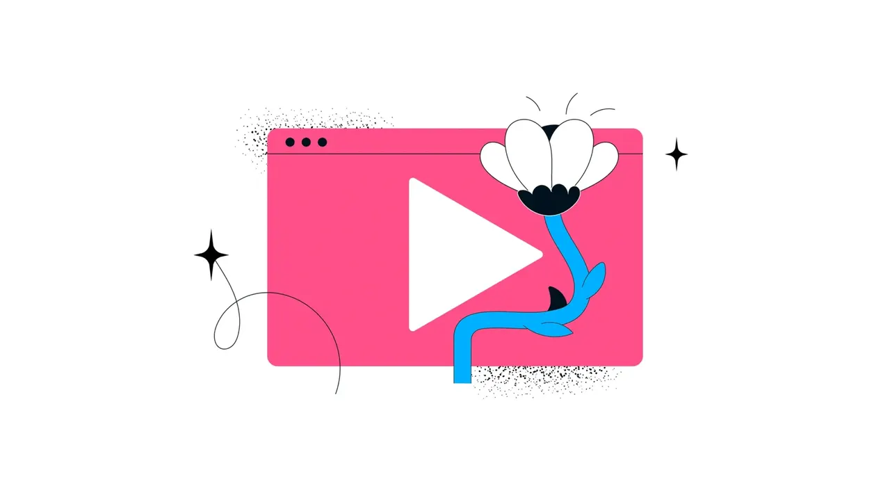 Illustration: Ein pinkes Videofenster mit Play-Button, aus dem eine blaue Blume wächst