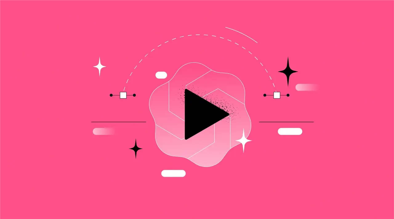 Abstrakte Illustration mit Play-Button auf pinkem Hintergrund