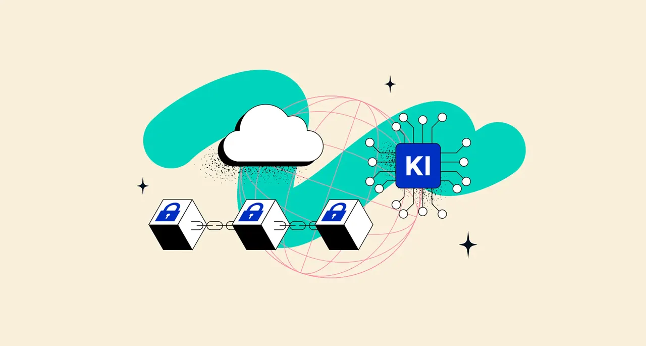Das Bild zeigt eine Wolke, Blockchain mit Schlössern, und KI in einem Netzwerk.