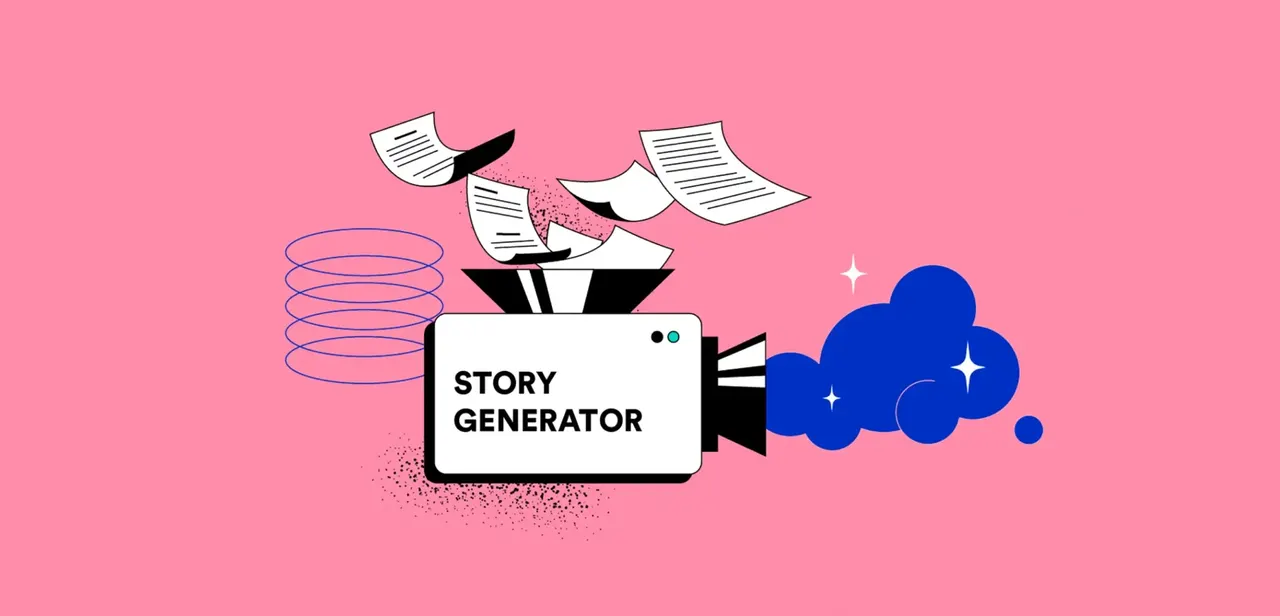 Illustration: Eine Kamera mit der Aufschrift "STORY GENERATOR" erzeugt eine blaue Wolke