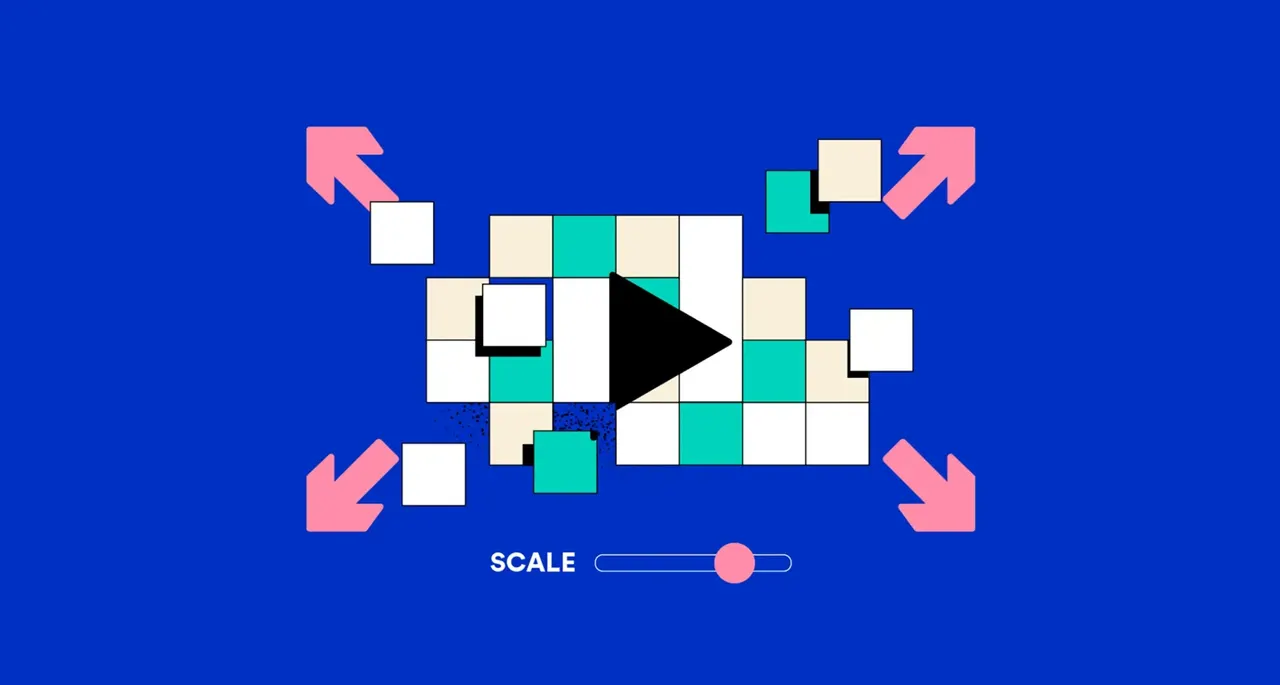 Abstrakte Illustration: Play-Button, Pixel und Pfeile auf blauem Grund, Schriftzug SCALE
