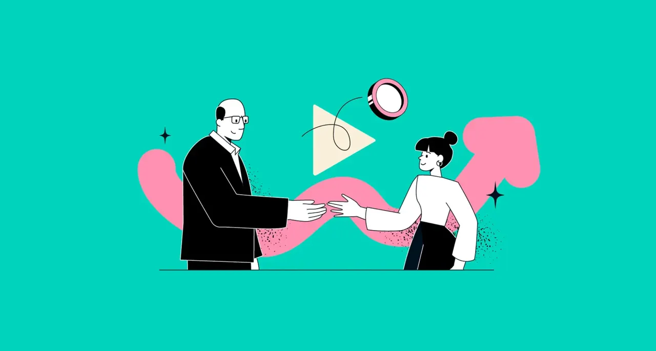 Illustration: Zwei Personen schütteln sich die Hände, im Hintergrund ein Play-Button