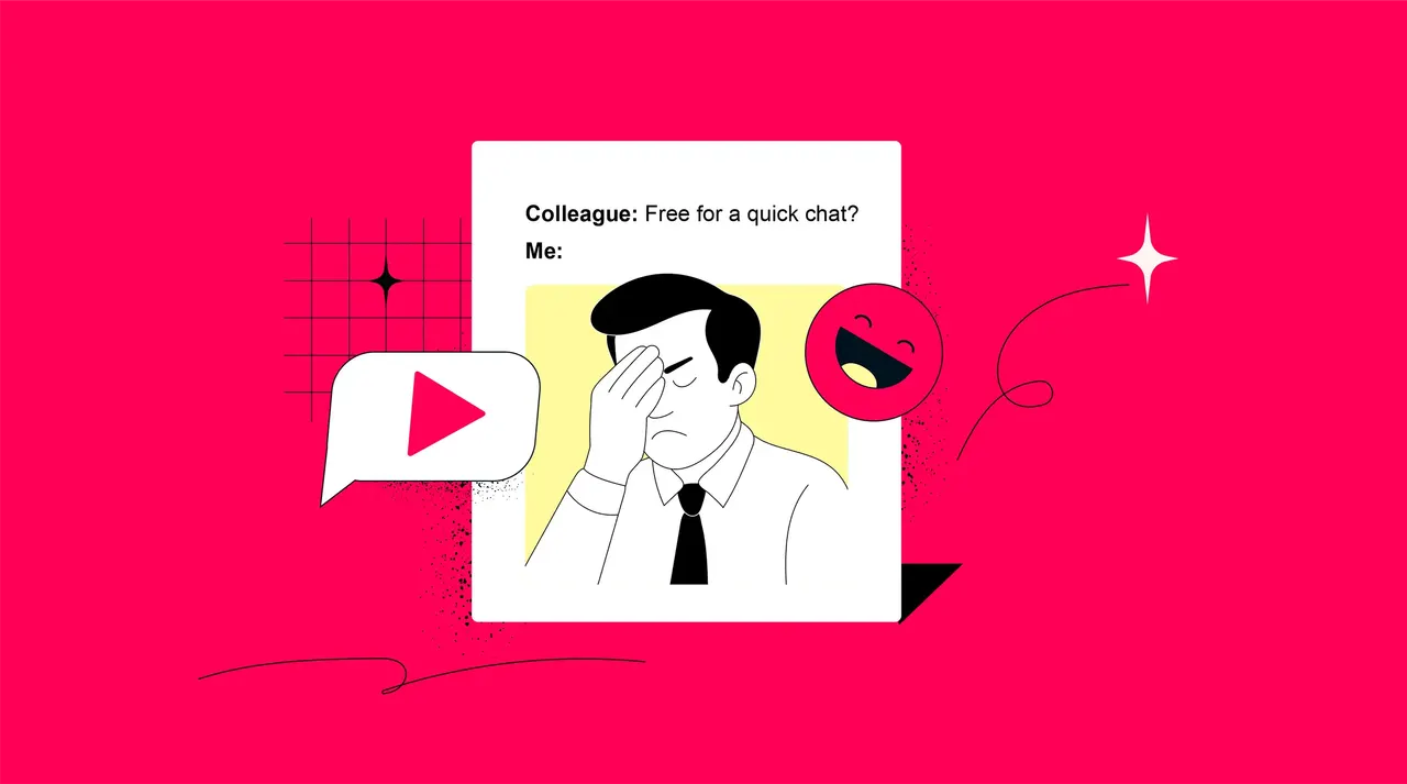 Eine Illustration eines verlegenen Manns im Anzug mit Hand an der Stirn, Sprechblase 'Kurz chatten?', Play-Button und Emoji auf pinkem Hint…