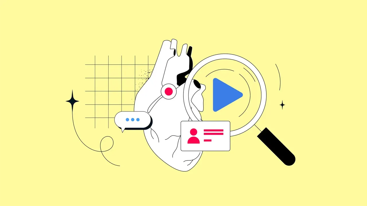 Illustration: Herz mit Sprechblase, Lupe mit Play-Button, Profil-Icon