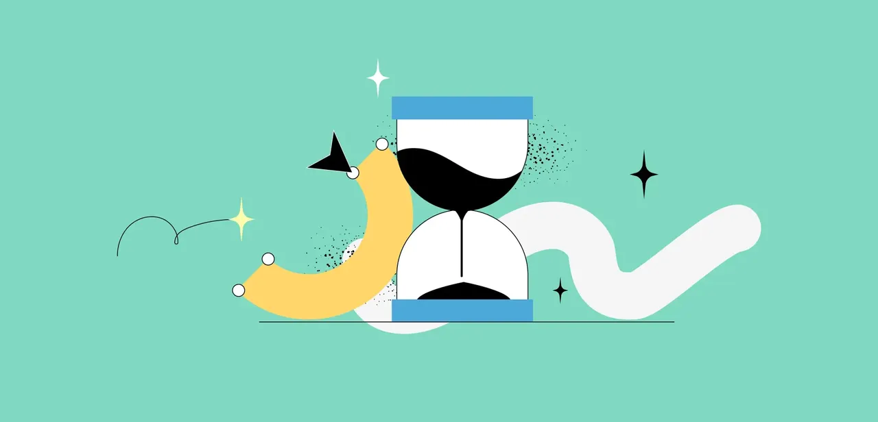 Illustration einer Sanduhr, umgeben von abstrakten Formen und Sternen