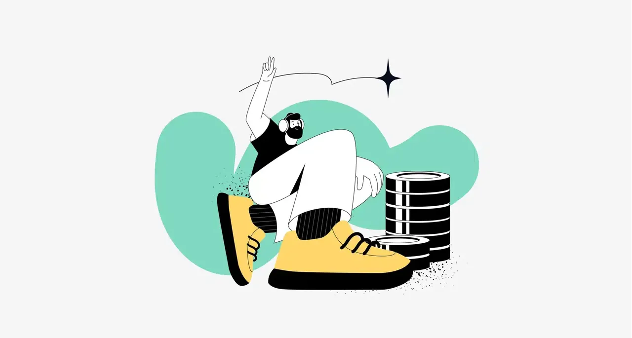 Illustration: Mann mit Kopfhörern und Bart, sitzt auf großen gelben Schuhen, Münzstapel