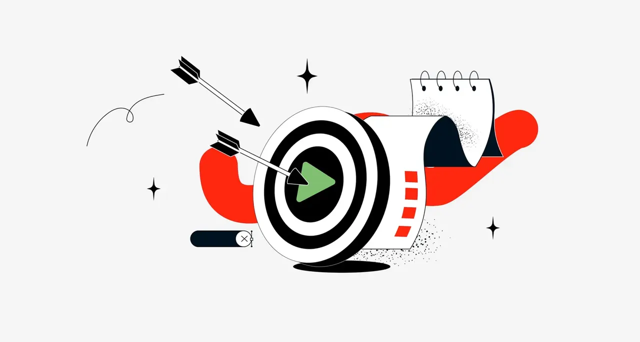 Abstrakte Illustration mit Zielscheibe und Pfeilen, Play‑Symbol, Notizblock und Sternen vor weißem Hintergrund