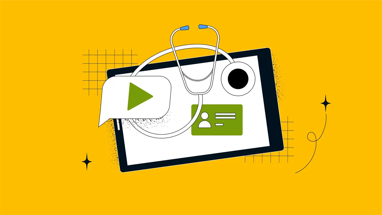 Illustration eines Tablets auf gelbem Hintergrund mit Stethoskop und Benutzerprofil.