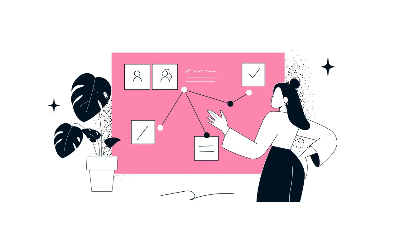 Illustration: Frau vor einer rosa Wand mit Diagramm und Icons