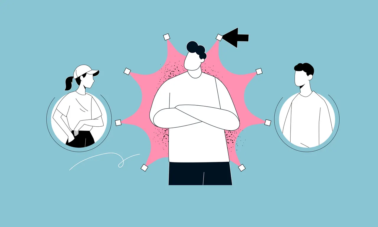 Illustration: Eine Person im Mittelpunkt, umgeben von zwei weiteren Personen