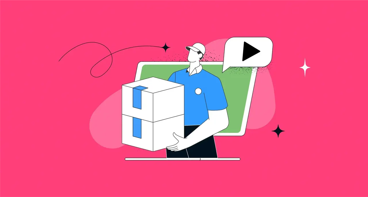 Illustration: Mann mit Paket vor einem Bildschirm, Sprechblase mit Play-Symbol
