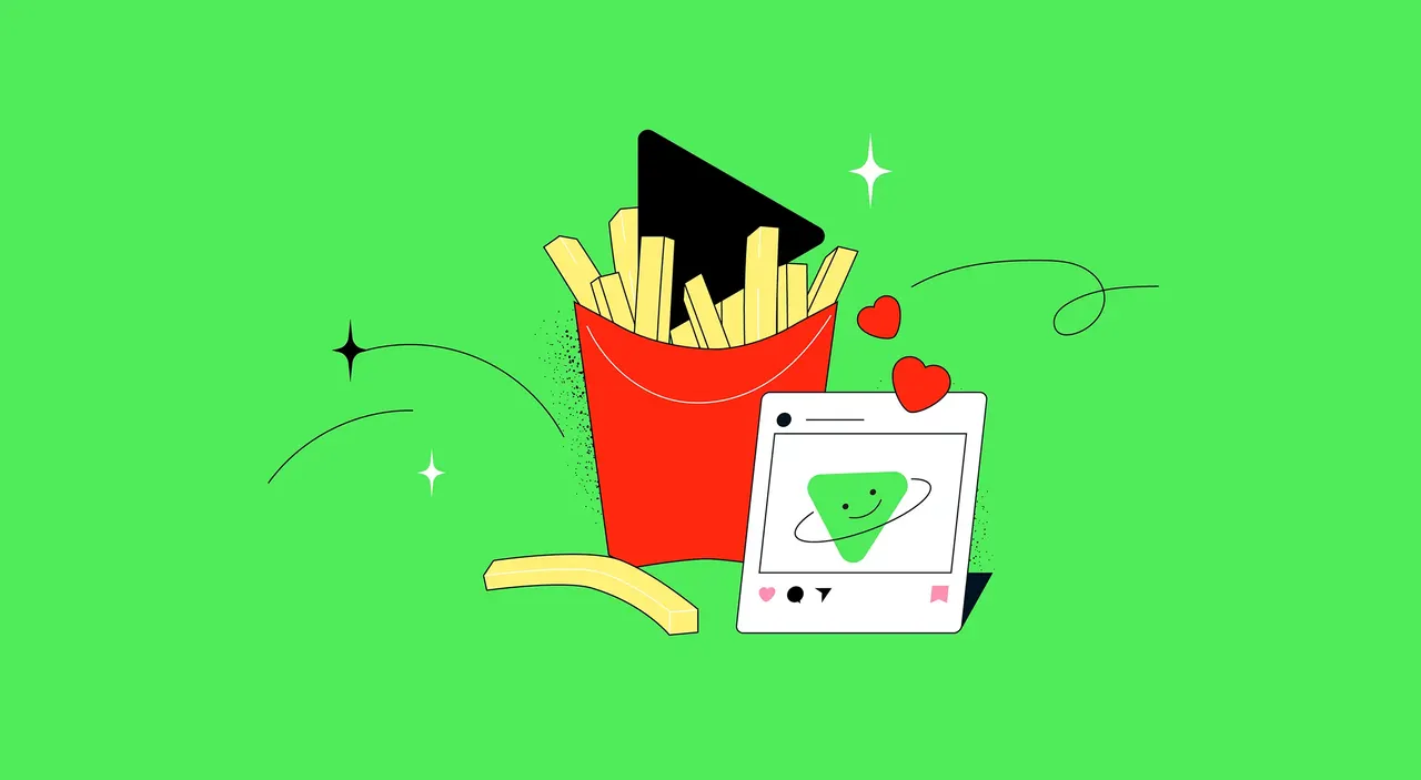 Illustration: Roter Pommesbecher, Play-Button und Social-Post mit grünem lächelnden Dreieck auf grünem Hintergrund.