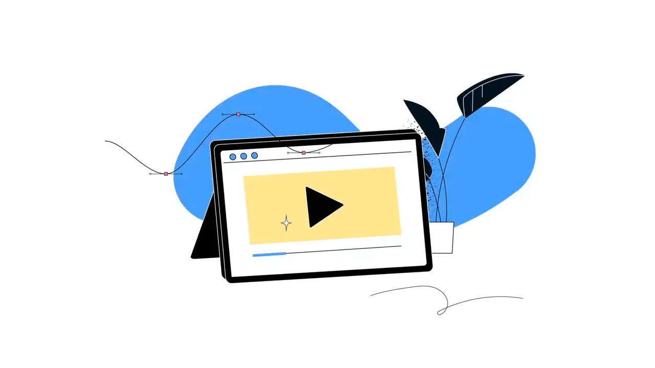 Illustration: Tablet mit Video-Player, daneben eine Pflanze und abstrakte Formen