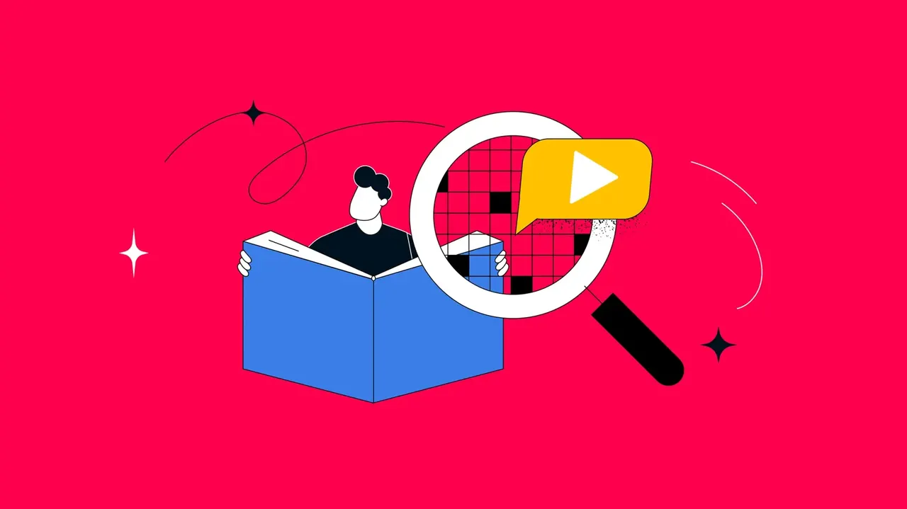 Illustration: Mann liest Buch, Lupe mit Play-Button und Pixeln
