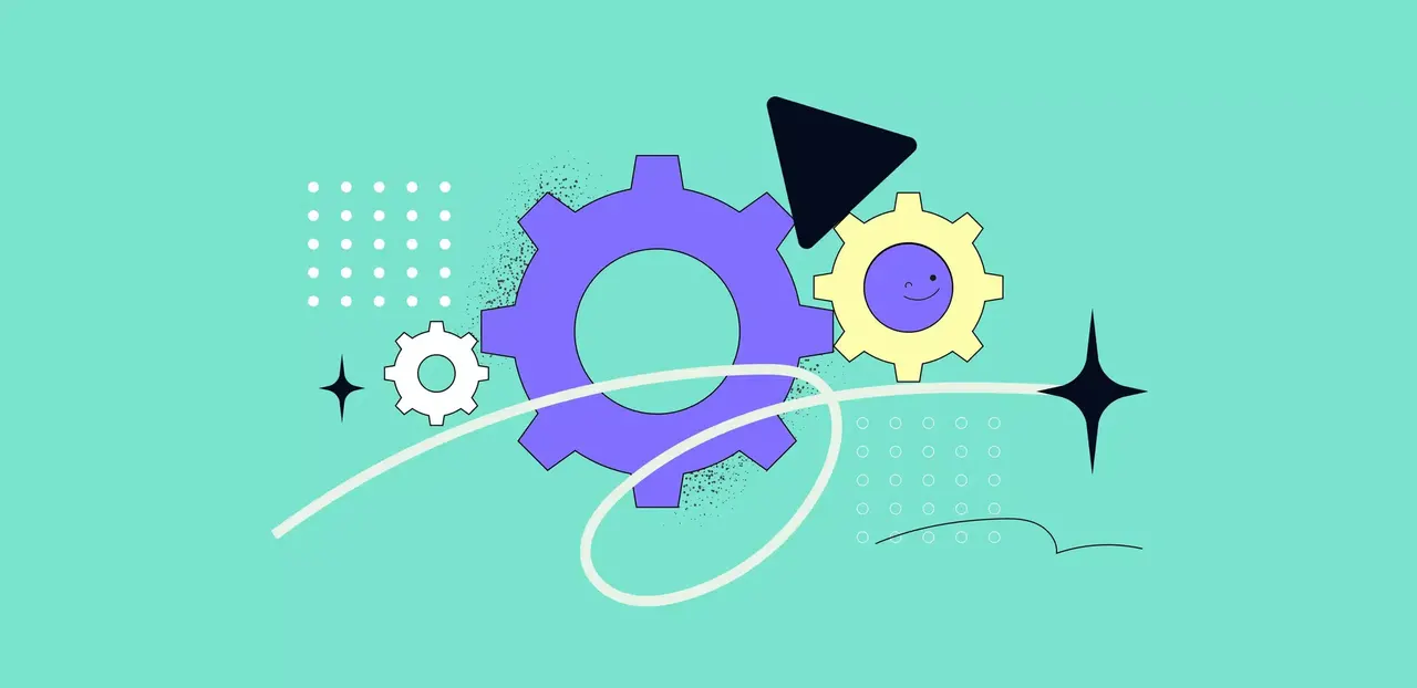 Interlocking gears on a light teal background with a smiling face and geometric patterns.