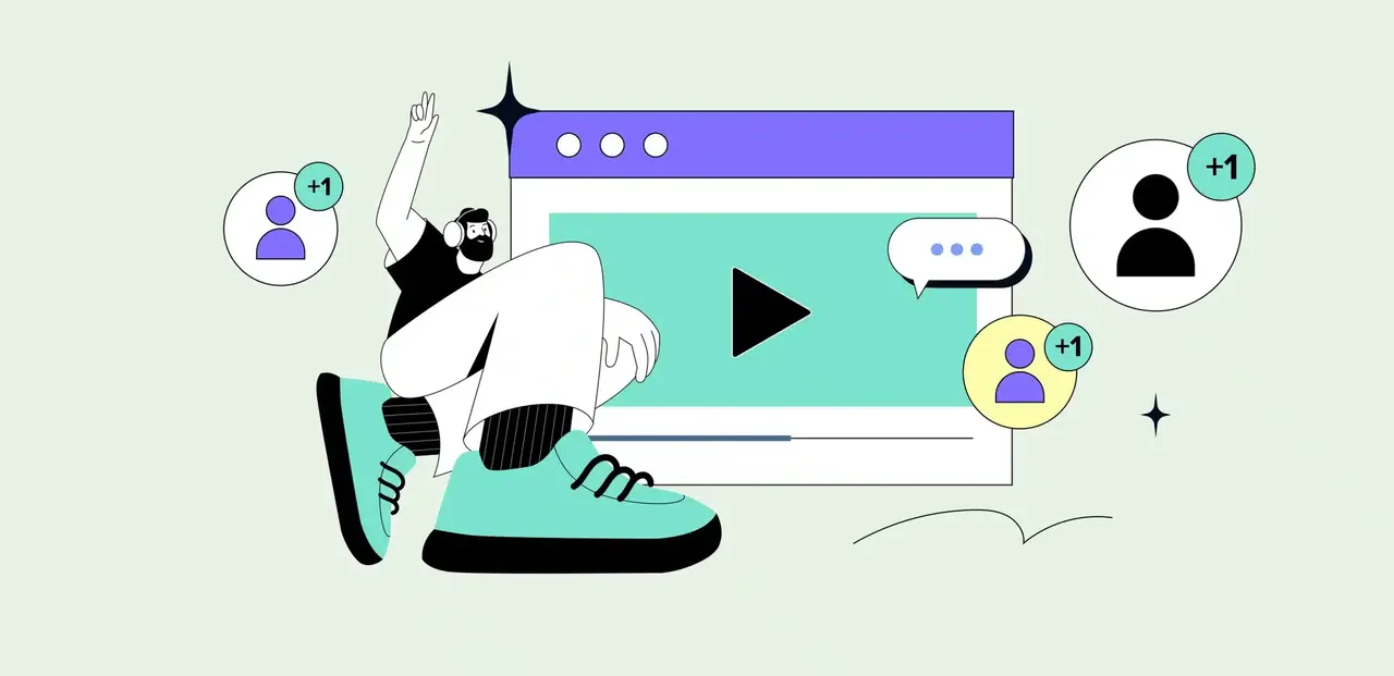 Illustration: Mann schaut Erklärvideo auf Laptop, umgeben von Benachrichtigungen