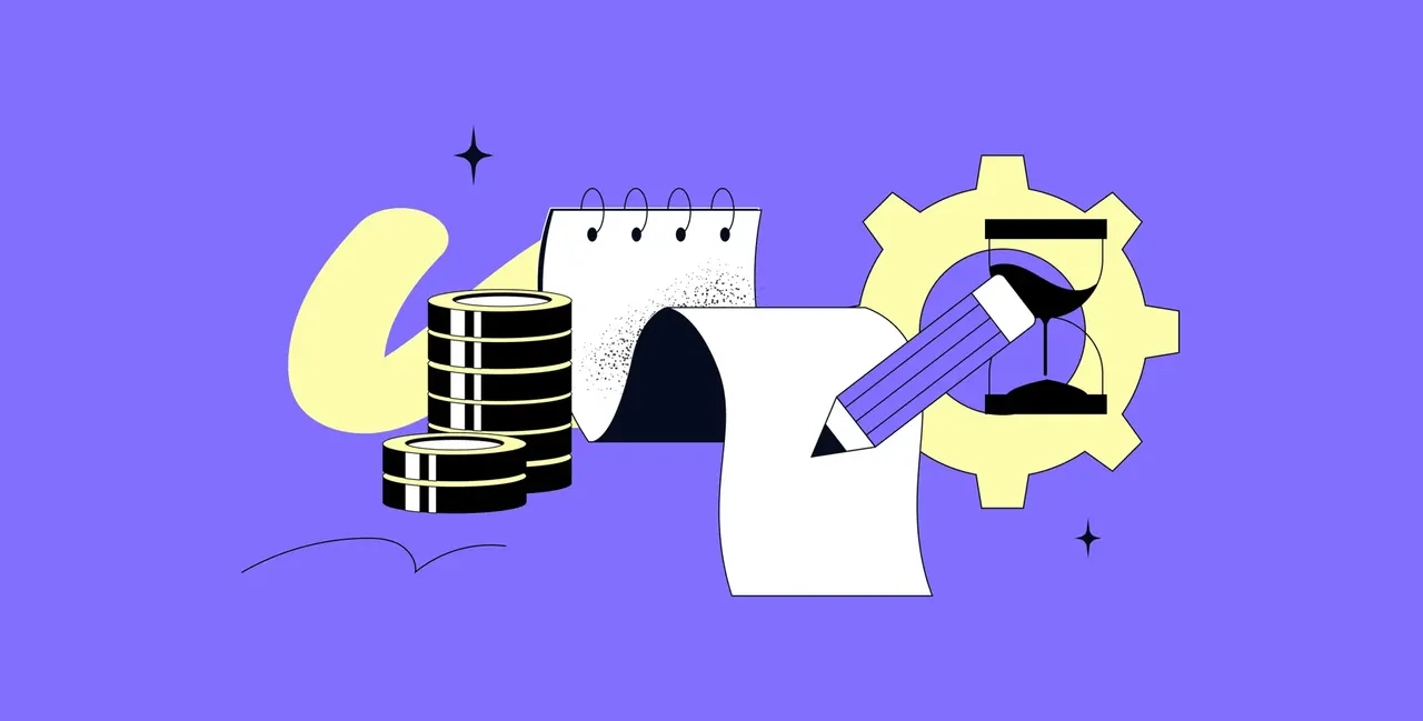 Illustration: Notizblock, Stift, Sanduhr, Zahnrad und Geldmünzen auf lila Hintergrund