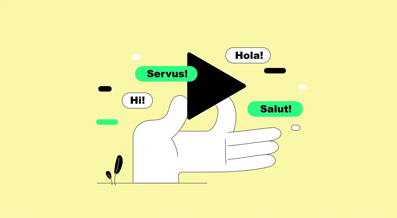 Illustration: Eine Hand hält einen Play-Button, umgeben von Sprechblasen mit Grüßen in verschiedenen Sprachen