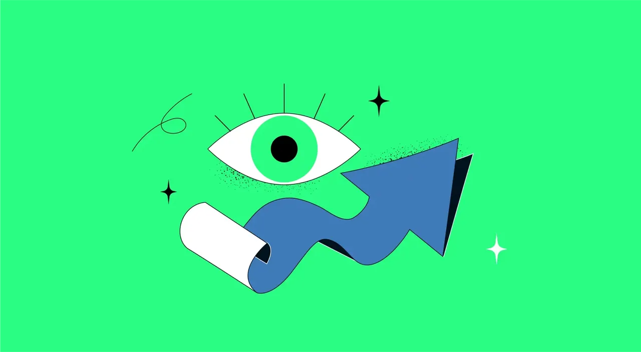 Illustration: Auge mit grünem Iris und blauer Pfeil, der nach oben zeigt