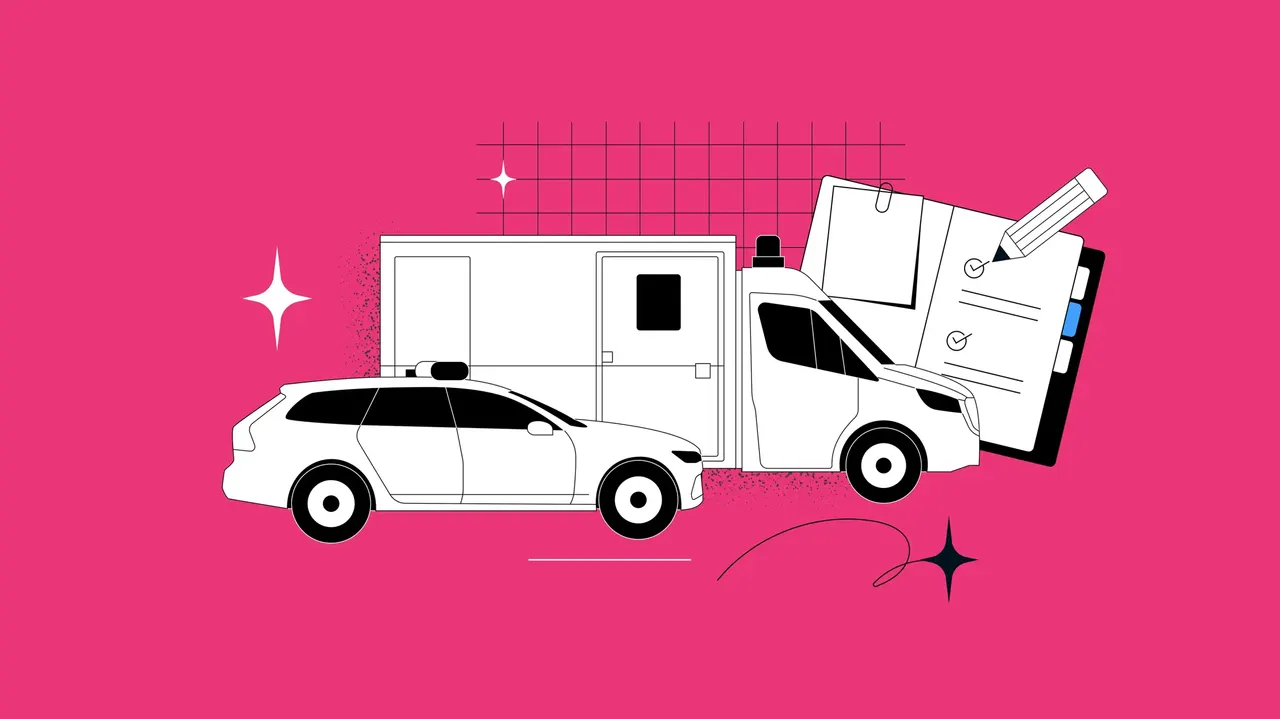 Stylisiertes Bild von Auto und Lieferwagen mit Clipbord und Bleistift auf pinkem Hintergrund.