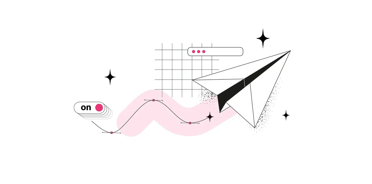 Illustration: Papierflieger, Schieberegler "on", Bezierkurve, Gitter, Sterne