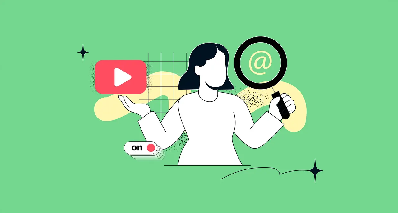 Stilisierte Illustration: Person mit Lupe und Smartphone, Play‑Symbol, @-Zeichen und 'On'-Schalter vor grünem Hintergrund.