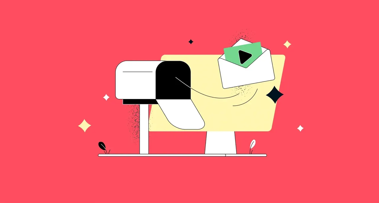 Eine Illustration mit Briefkasten, gelbem Monitor, grün-weißem Umschlag und Play-Button vor rotem Hintergrund.