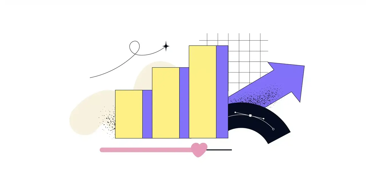 Illustration: Balkendiagramm, Pfeil nach oben, Herzsymbol, Designelemente