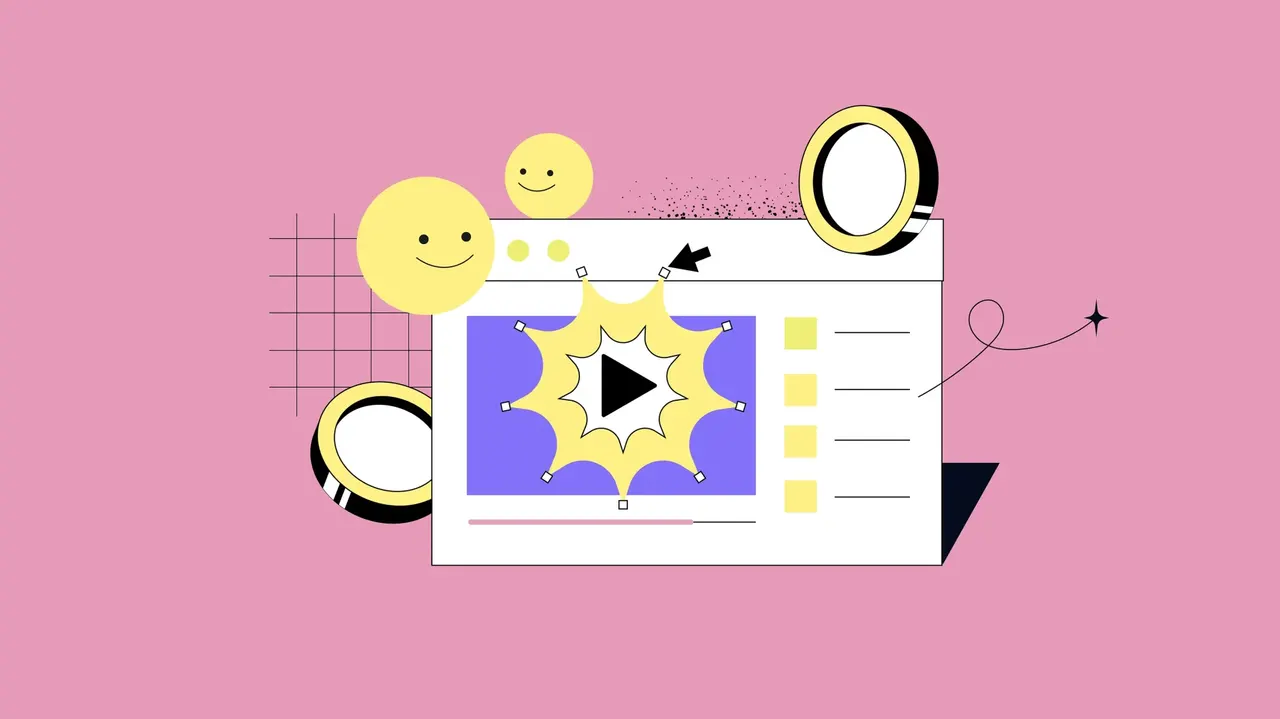 Illustration: Browserfenster mit Video-Player und Play-Button, umgeben von Emojis und geometrischen Formen