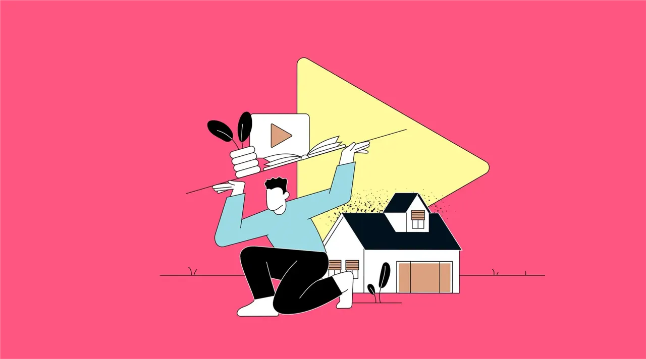 Illustration: Mann balanciert Haus, Buch und Video-Player auf einer Stange