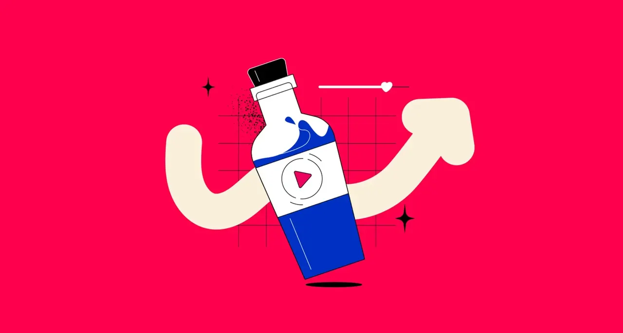 Illustration: Flasche mit blauem Inhalt und Play-Button, Pfeil nach oben, roter Hintergrund